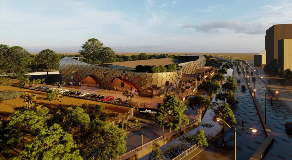 Architect's render of Calicut Trade Center: a curved building with a honeycomb façade beside Mavoor Road